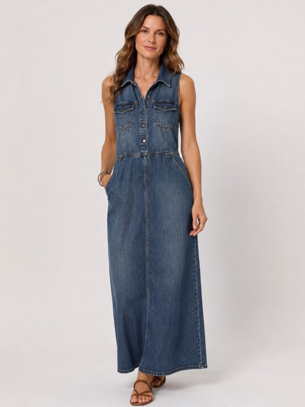 Lost Ink Denim Sleeveless Maxi Dress Chest Pocket Button Front Size 10